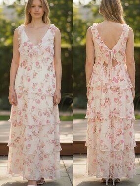 THIRTY THIRTY NWT Floral Tiered Ruffle Maxi Dress Open Back V-Neck Cream Pink